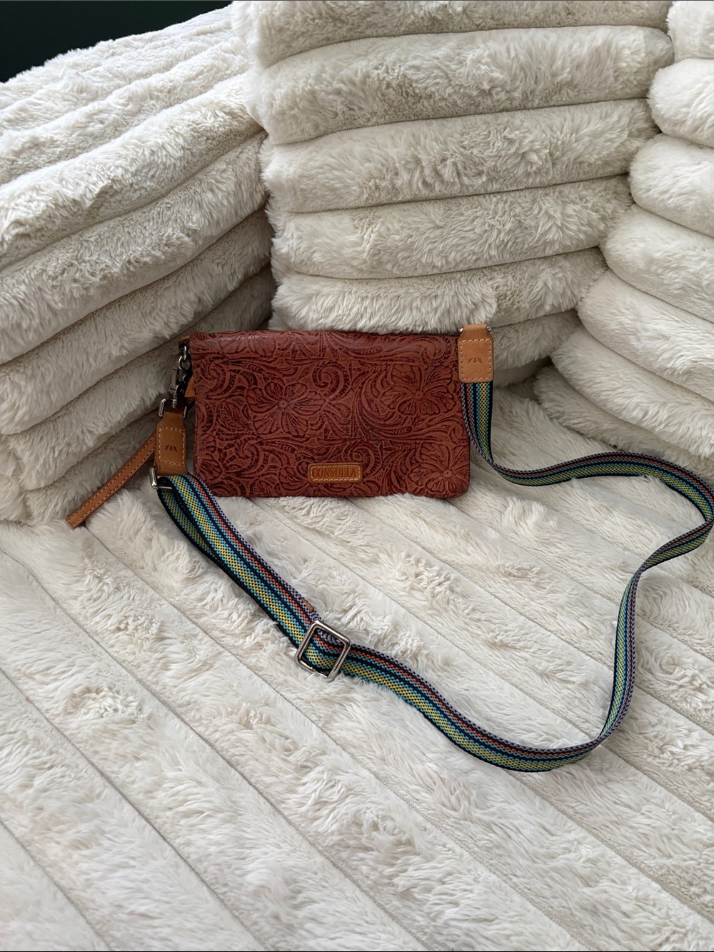 Brown Leather Crossbody Bag with Multicolor Strap